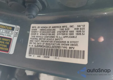 2012 Honda Cr-V Lx from USA, damaged, VIN 5J6RM3H30CL022265